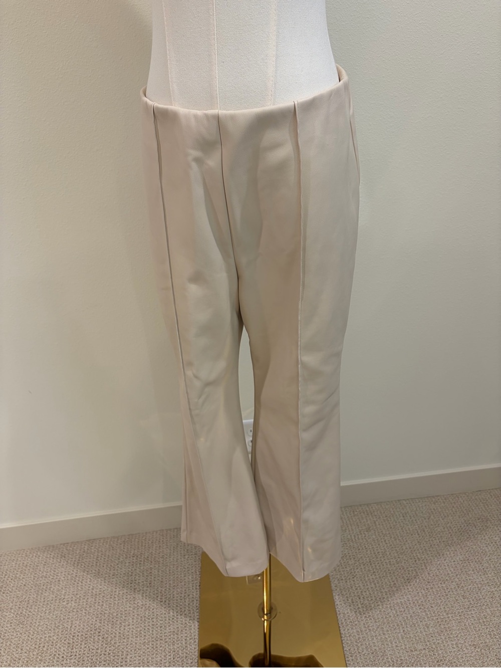 Cream High-Waist Faux Leather Trousers